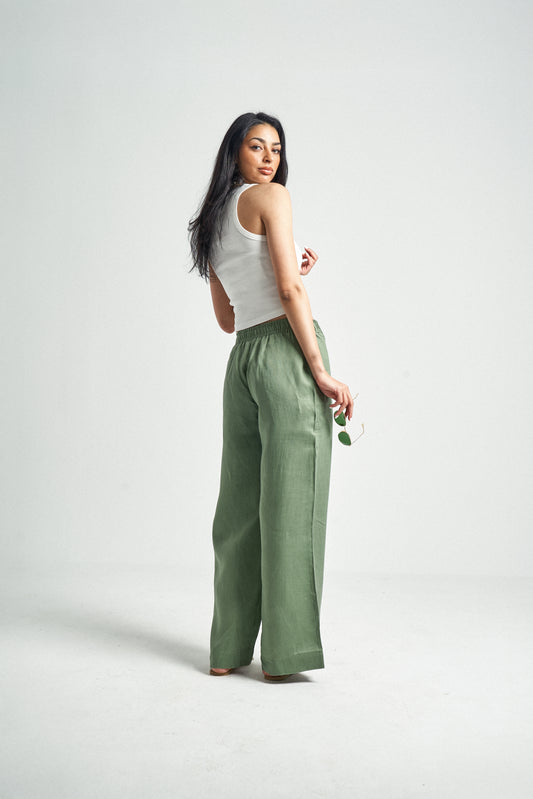 Pure linen pants in Olive